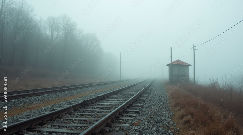 Nebeliger Bahngleis mit Wartehäuschen Nebeliger Bahngleis mit Wartehäuschen
