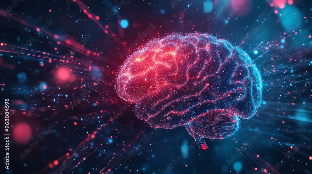 Futuristic digital rendering of a human brain amidst glowing particles and neural connections, showcasing the marvels of artificial intelligence. Futuristic digital rendering of a human brain amidst glowing particles and neural connections, showcasing the marvels of artificial intelligence.