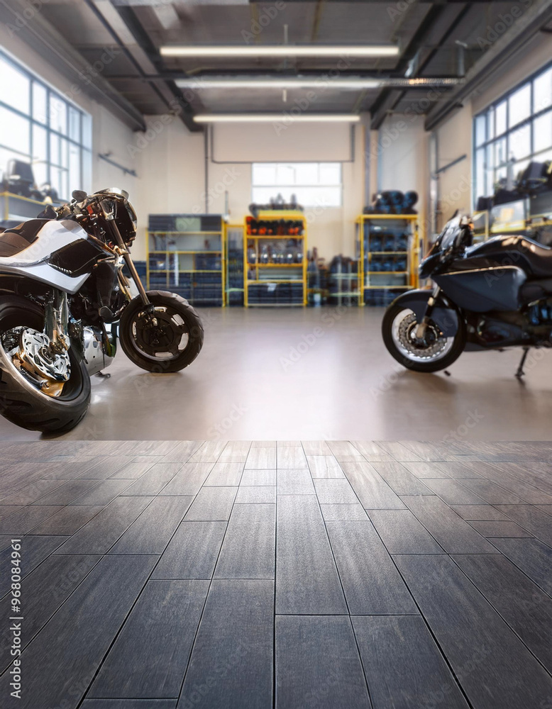 Empty motorcycle shop counter table, blurred background, motorcycle shop, copy space. Store with rows of new motorcycles, motorcycle sports store. ideal for displaying advertising products Empty motorcycle shop counter table, blurred background, motorcycle shop, copy space. Store with rows of new motorcycles, motorcycle sports store. ideal for displaying advertising products