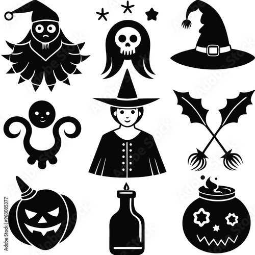 halloween set. pumpkin, skull, broom, headstone, spider, cobweb, crows, dead man's hand, witch hat, cauldron, bats. silhouette graphics. vector