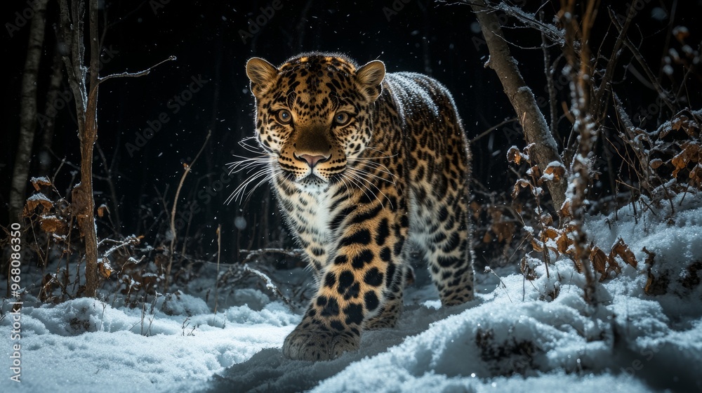 Obraz premium Leopard in the Snow: A Majestic Nighttime Encounter
