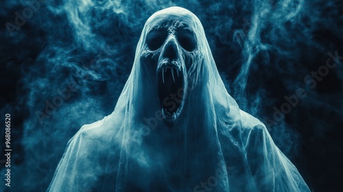 Evil halloween ghost avatar with open mouth coming towards you scary spooky horror background. Generative AI