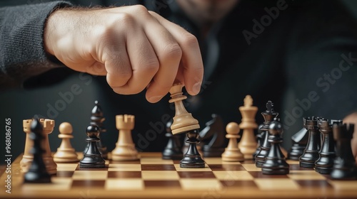 Hand holding chess piece in mid-air