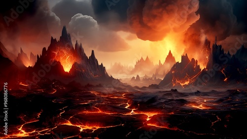 Explosive Volcanic Eruption with Lava Flowing and Thick Smoke, Depicting a Catastrophic Scene of Molten Lava and Apocalyptic Ash Clouds