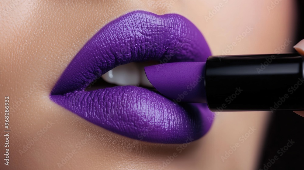 Obraz premium Woman applying purple lipstick to her lips