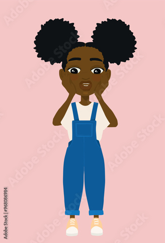 Petite fille noire couettes afro surprise choquée inquiète salopette vecteur
