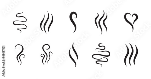 Smells line hot air icon set, hot aroma, smells or fumes. Fragrances evaporate icons.
