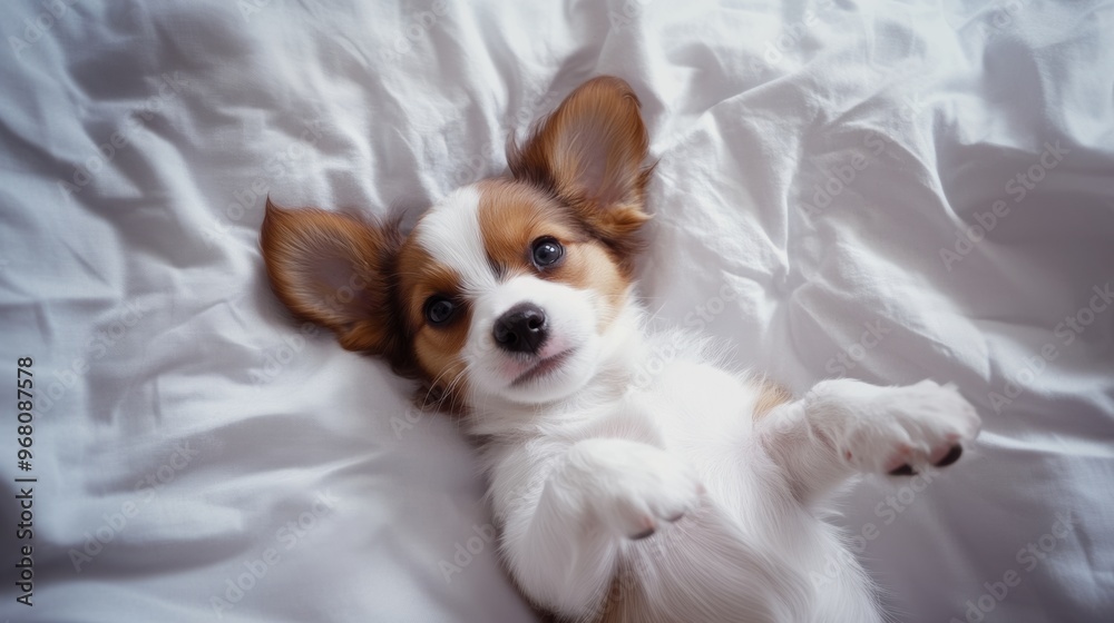Playful corgi puppy lying on soft white bedding, enjoying a moment of relaxation indoors Playful corgi puppy lying on soft white bedding, enjoying a moment of relaxation indoors