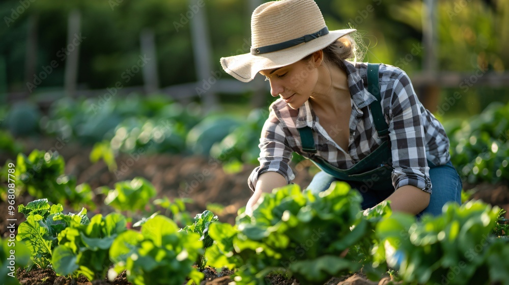 Female farmer examining crops in a vibrant green field, copy space Female farmer examining crops in a vibrant green field, copy space