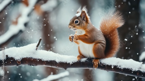 Squirrel enjoying a snowy day on a branch in a winter forest