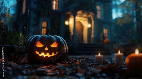 Halloween scary pumpkin, candles and dry leaves on the background of the evening house. halloween background.