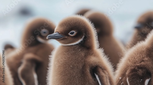 Group of fluffy young penguins huddling together on a chilly day by the ocean photo