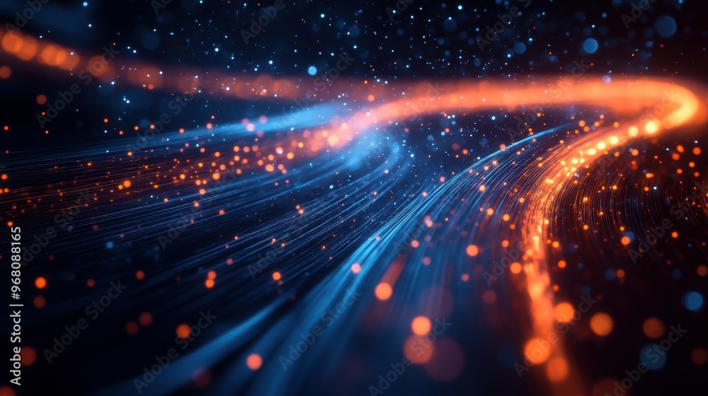 Obraz premium A dynamic abstract background featuring flowing lines and glowing particles in vibrant orange and blue tones, creating a sense of movement and depth