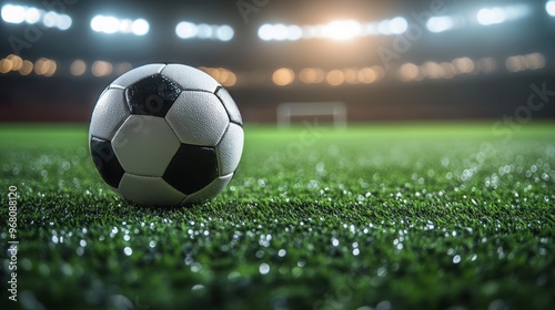 A close-up view of a soccer ball on a lush green field, set against the backdrop of a stadium with bright lights, creating an exciting and dynamic atmosphere.