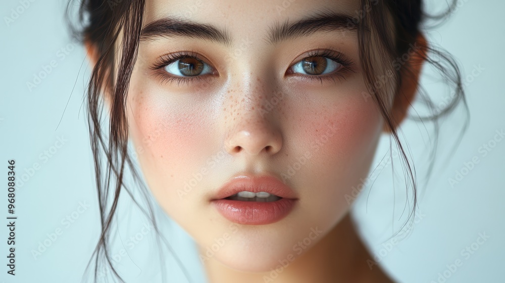 A close-up portrait of a young woman with natural makeup, freckles, and soft, expressive features against a light background A close-up portrait of a young woman with natural makeup, freckles, and soft, expressive features against a light background