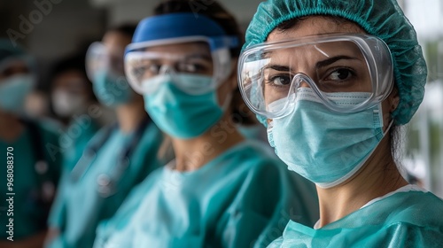 Healthcare professionals, including male and female doctors and nurses, don scrubs, masks, and goggles to protect themselves and their patients from infection during medical procedures. 