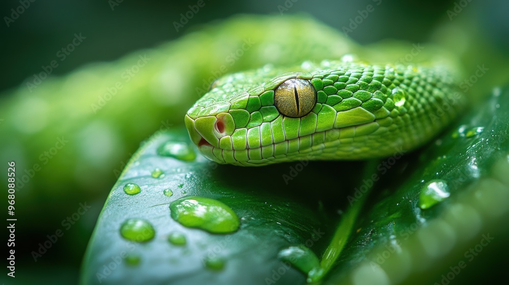 Close-up of a green snake on a water droplet-covered leaf in the rainforest Close-up of a green snake on a water droplet-covered leaf in the rainforest