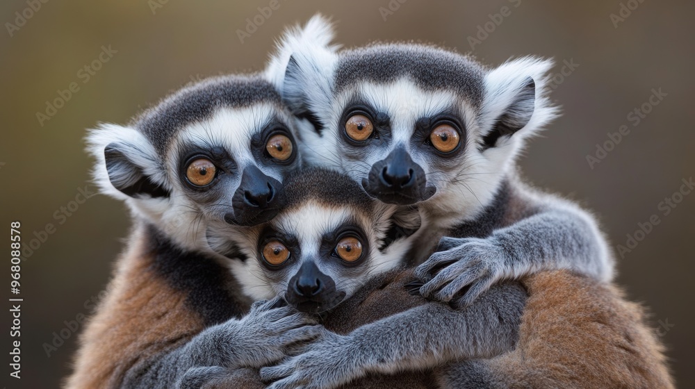 Three playful lemurs sharing a warm embrace in a natural setting during the late afternoon Three playful lemurs sharing a warm embrace in a natural setting during the late afternoon