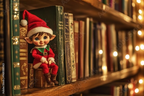Christmas Elf Figurine Sitting on a Bookshelf with Warm Lights