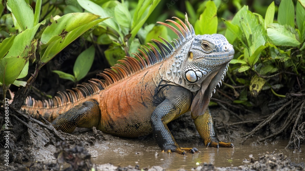 Vibrant iguana basking in lush greenery near a water source in a tropical environment Vibrant iguana basking in lush greenery near a water source in a tropical environment