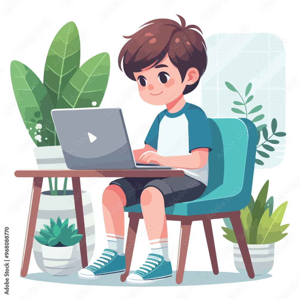  man working on his laptop, vector illustration