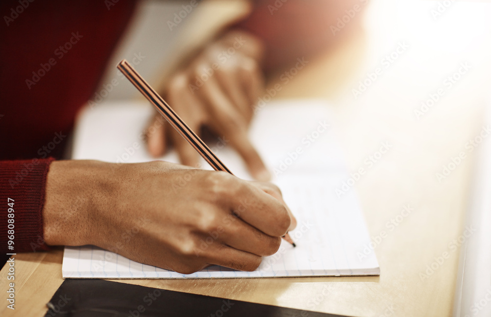 © FotoPush/peopleimages.com - Writing, education and hands of person in university for research, notes and syllabus information. Student, journal or studying at table for exam preparation, assessment or learning in academy
