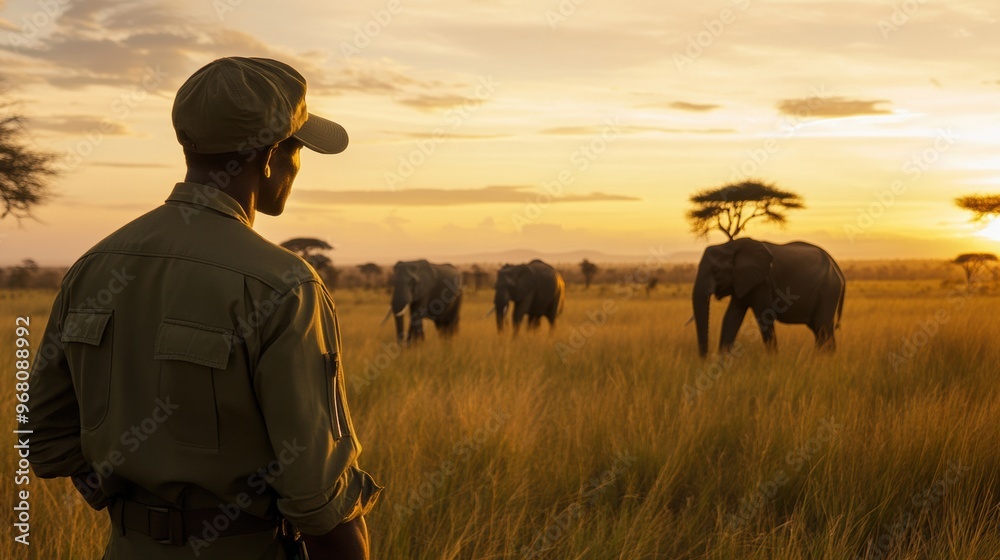 Wildlife ranger observes elephants in the savannah at sunset in Africa Wildlife ranger observes elephants in the savannah at sunset in Africa