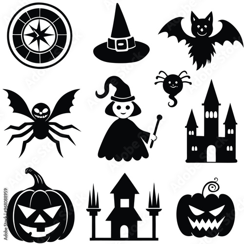 halloween set. pumpkin, skull, broom, headstone, spider, cobweb, crows, dead man's hand, witch hat, cauldron, bats. silhouette graphics. vector