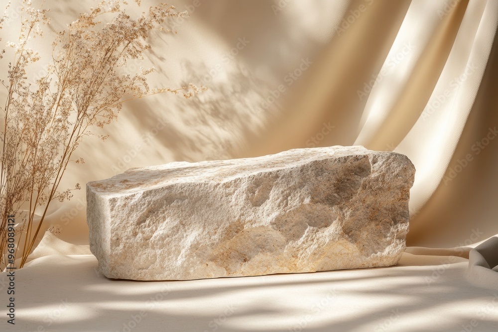 A natural stone block rests on a soft, draped fabric with delicate dried flowers in the background, creating a serene and elegant aesthetic A natural stone block rests on a soft, draped fabric with delicate dried flowers in the background, creating a serene and elegant aesthetic