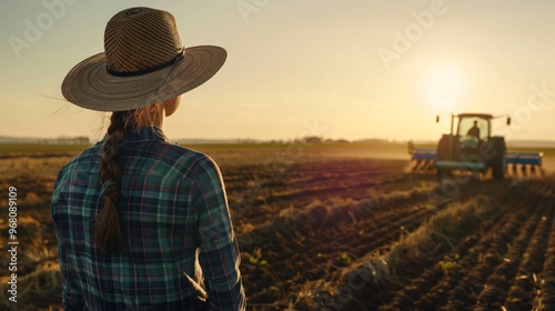 Female farmer examining crops in a vibrant green field, copy space  photo