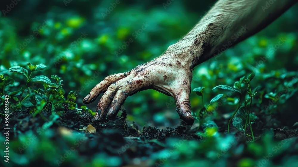 Dirty hand reaching out from forest floor covered in leaves
