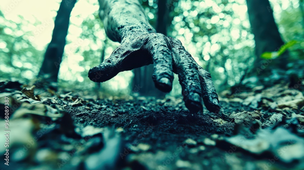 Dirty hand reaching out from forest floor covered in leaves Dirty hand reaching out from forest floor covered in leaves