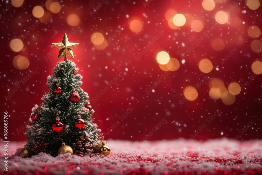 Obraz premium Small Decorated Christmas Tree on Snowy Red Background with Sparkling Lights