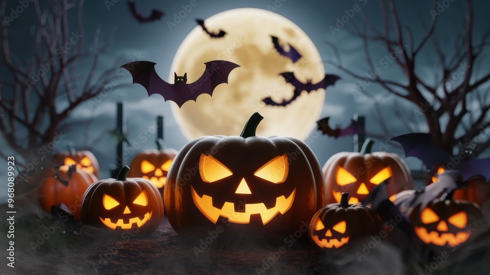A spooky Halloween scene featuring glowing jack-o'-lanterns, bats in flight, and a large full moon, surrounded by eerie trees and mist, creating a chilling atmosphere A spooky Halloween scene featuring glowing jack-o'-lanterns, bats in flight, and a large full moon, surrounded by eerie trees and mist, creating a chilling atmosphere