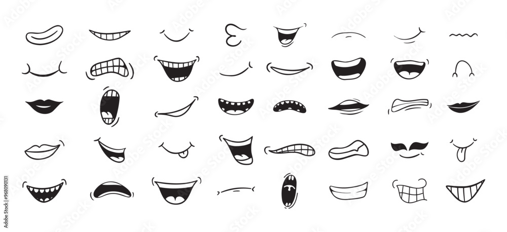 Cartoon mouth happy, smile, sad, angry expression doodle set. Hand drawn mouth, tongue caricature icon. Funny comic mouth collection Cartoon mouth happy, smile, sad, angry expression doodle set. Hand drawn mouth, tongue caricature icon. Funny comic mouth collection