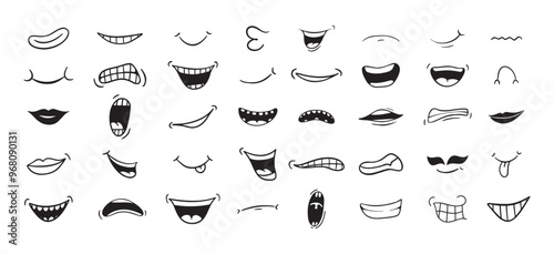 Cartoon mouth happy, smile, sad, angry expression doodle set. Hand drawn mouth, tongue caricature icon. Funny comic mouth collection 