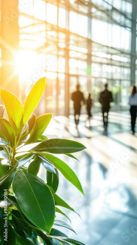 People walking on green office space, motion blur effect, environment concept	
