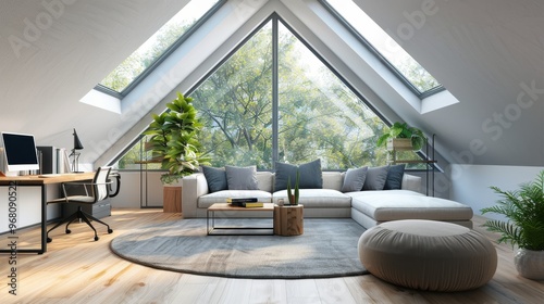 Serene Elegance in a Modern Attic Office with Navy Blue and Linen Decor under Golden Hour Light