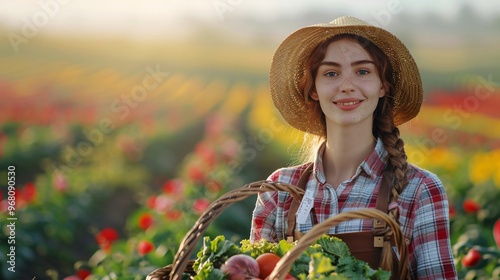 Female farmer examining crops in a vibrant green field, copy space  photo