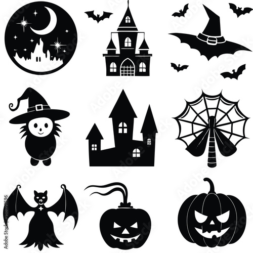 halloween set. pumpkin, skull, broom, headstone, spider, cobweb, crows, dead man's hand, witch hat, cauldron, bats. silhouette graphics. vector