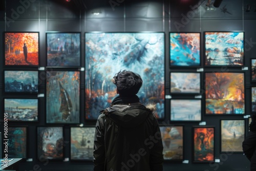 People looking at paintings on display in a