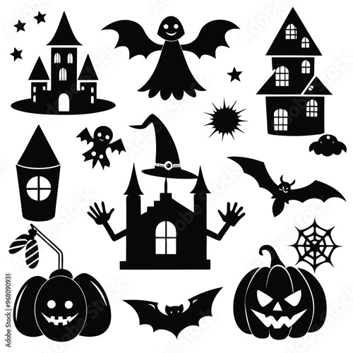 halloween set. pumpkin, skull, broom, headstone, spider, cobweb, crows, dead man's hand, witch hat, cauldron, bats. silhouette graphics. vector