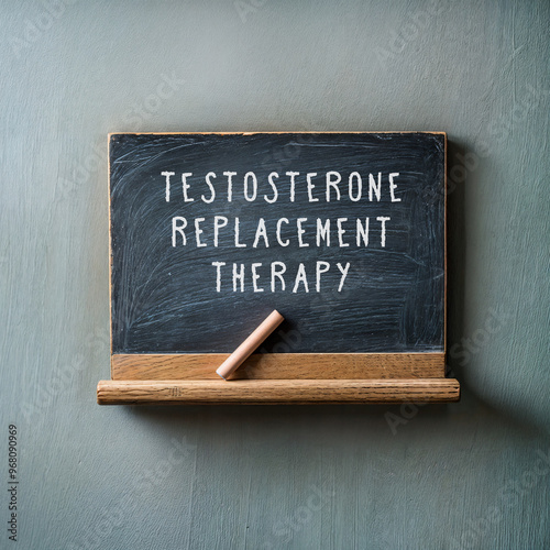 vintage blackboard and chalk with text “testosterone replacement therapy”.