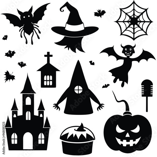 halloween set. pumpkin, skull, broom, headstone, spider, cobweb, crows, dead man's hand, witch hat, cauldron, bats. silhouette graphics. vector