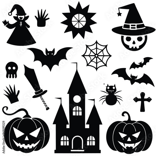 halloween set. pumpkin, skull, broom, headstone, spider, cobweb, crows, dead man's hand, witch hat, cauldron, bats. silhouette graphics. vector