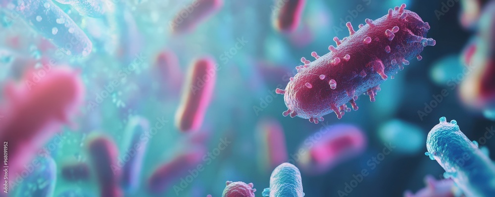 Colorful microscopic bacteria in a digital depiction, showcasing their unique shapes and structures in a vibrant environment. Colorful microscopic bacteria in a digital depiction, showcasing their unique shapes and structures in a vibrant environment.