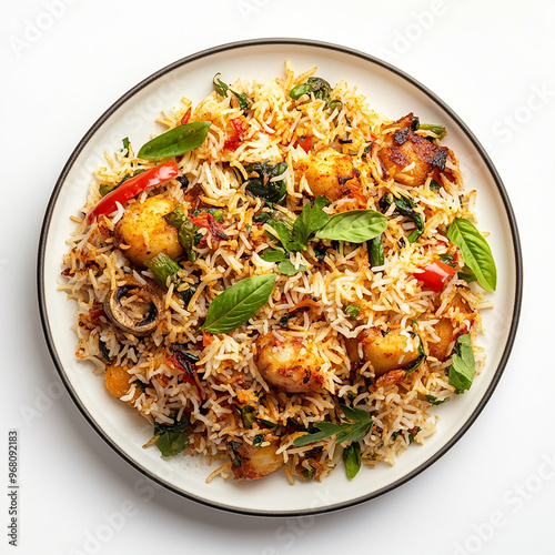 Delicious kacchi biryani on plate isolated white background 