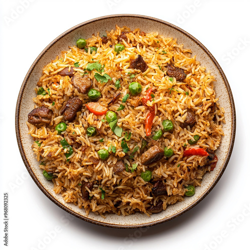 Delicious kacchi biryani on plate isolated white background 