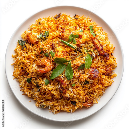 Delicious kacchi biryani on plate isolated white background 
