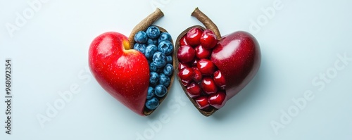 Vibrant heart-shaped fruits symbolize love and health, featuring an appealing mix of blueberries and cherries. photo